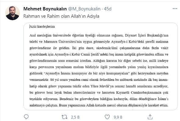 Ayasofya Camii imamından istifa açıklaması
