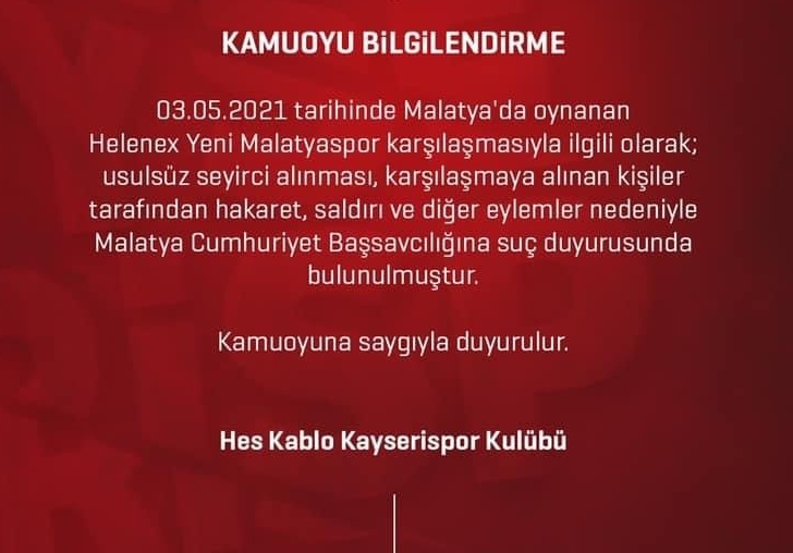 Kayserispor, Yeni Malatyaspor'u Şikayet Etti