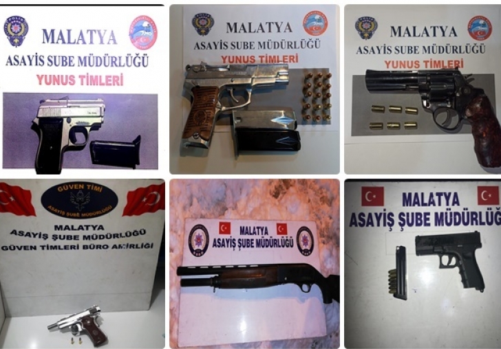 Malatya'da 4 adet tabanca, 1 adet tüfek, 1 adet kurusıkı ve çok sayıda fişek ele geçirilmiştir.