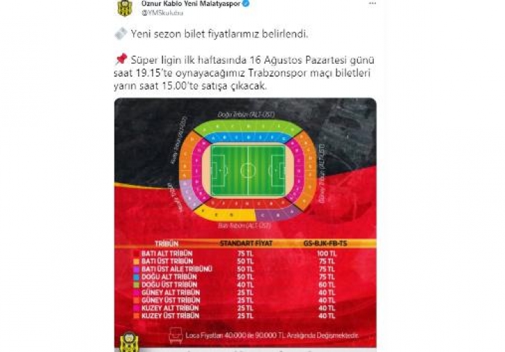 Yeni Malatyaspor'da yeni sezon bilet fiyatları belirlendi